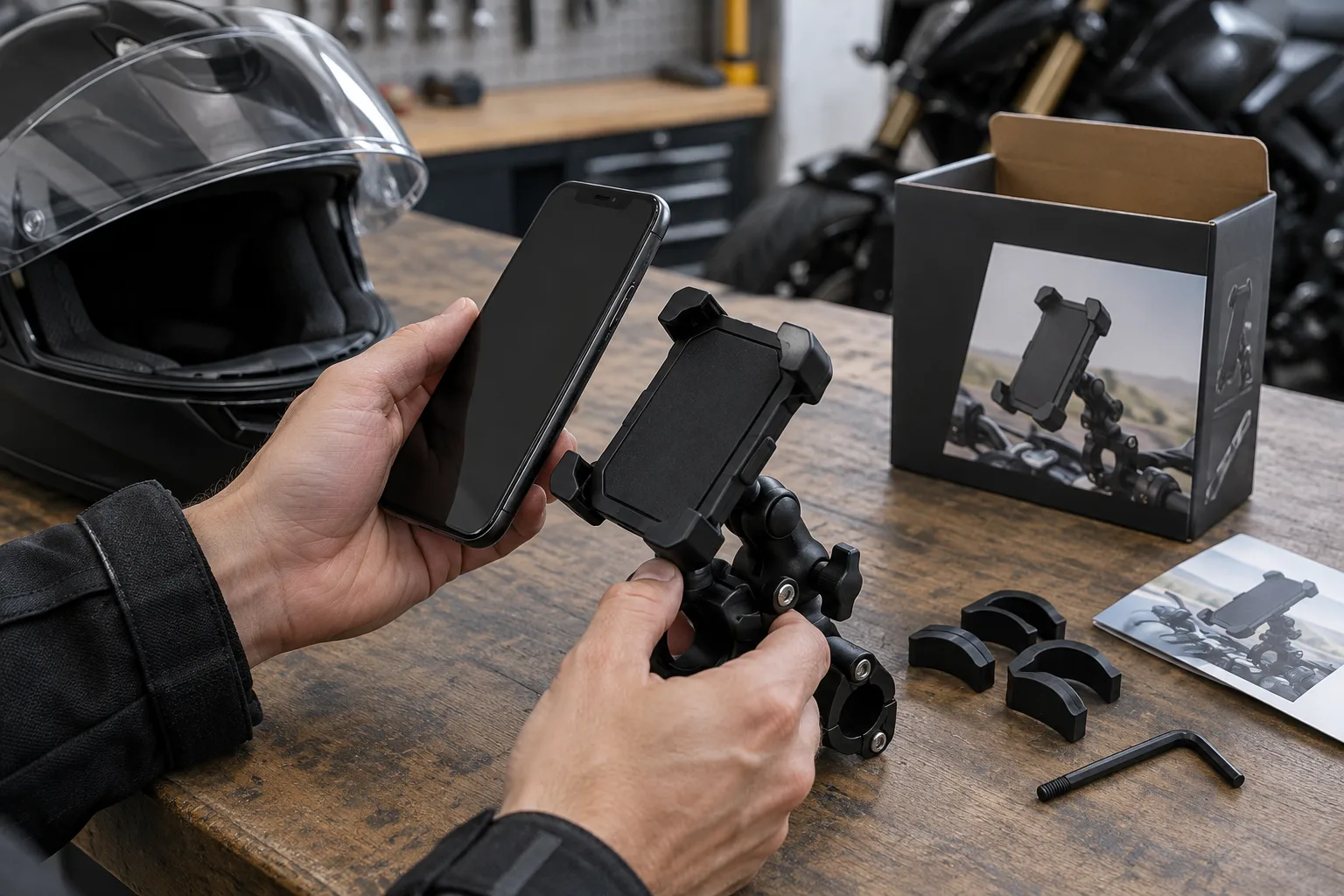 Des mains vérifient un support de téléphone à côté d’un casque moto.
