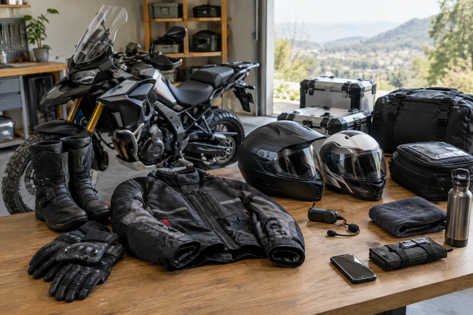 Équipements et accessoires moto disposés sur une table d’atelier près d’un deux-roues.