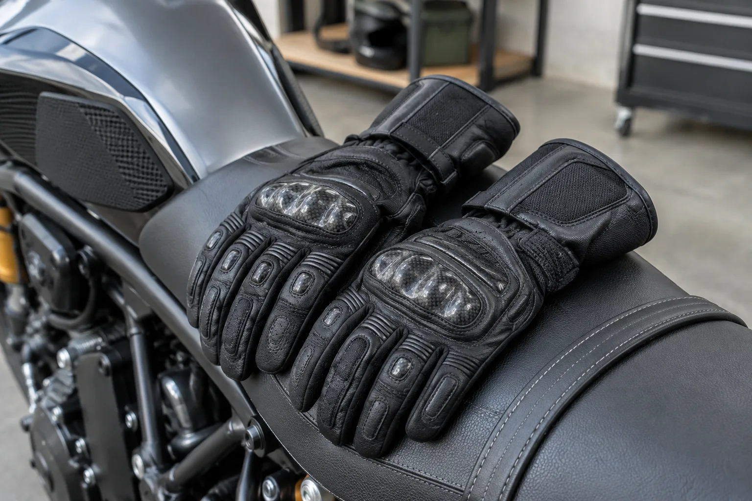 Une paire de gants de moto posée sur la selle d’une moto à l’arrêt.