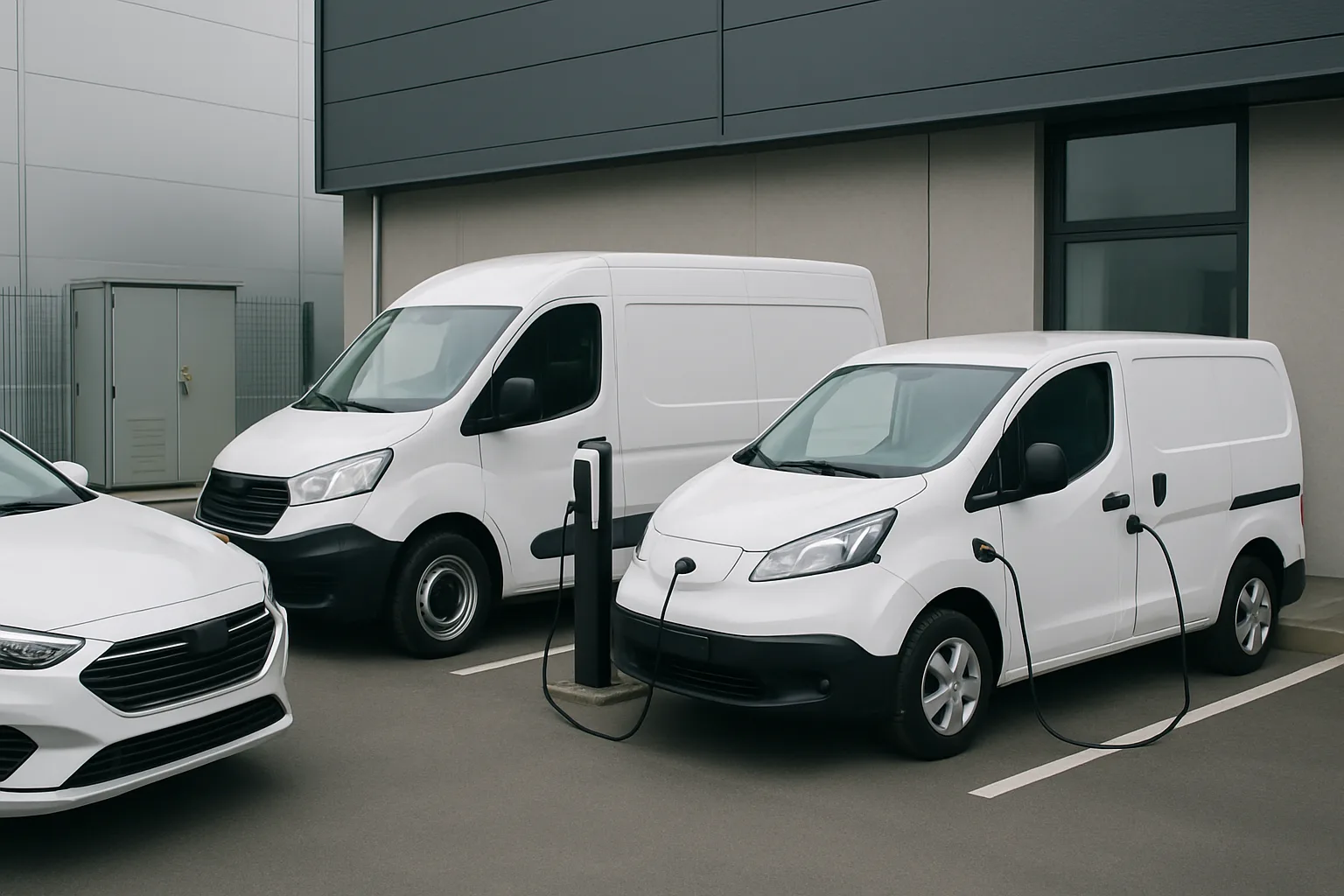 Véhicules de flotte branchés à des points de charge sur le parking d’un site professionnel.
