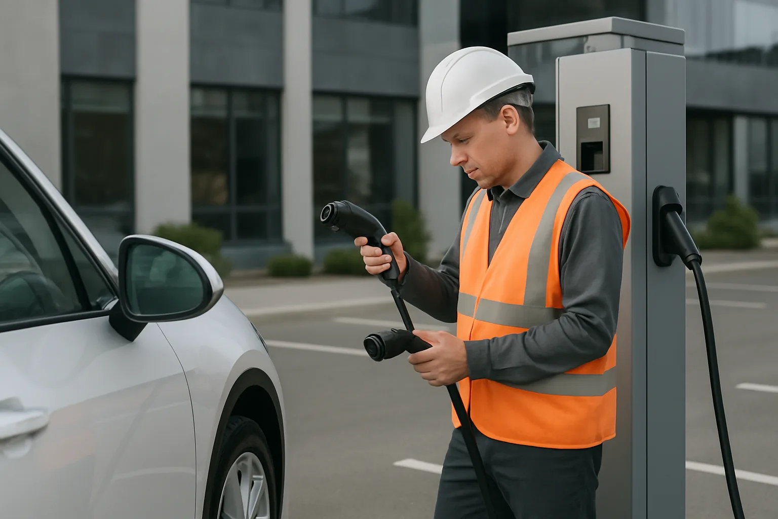 Un technicien inspecte le câble d’une borne de recharge sur le parking d’un site professionnel.