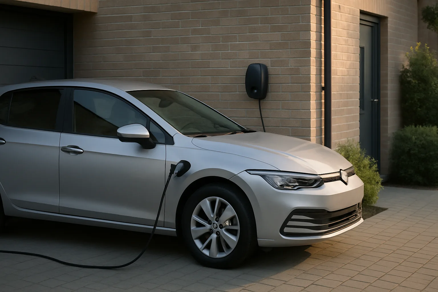 Une voiture de flotte électrique branchée à un point de charge mural dans une allée résidentielle.