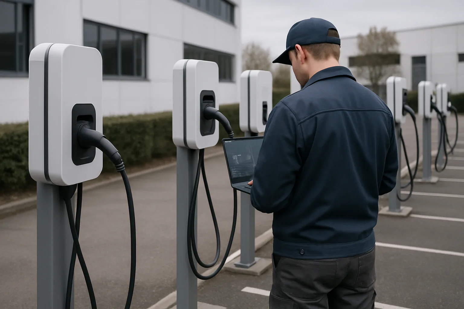 Un technicien contrôle une borne de recharge sur le parking d’une entreprise.